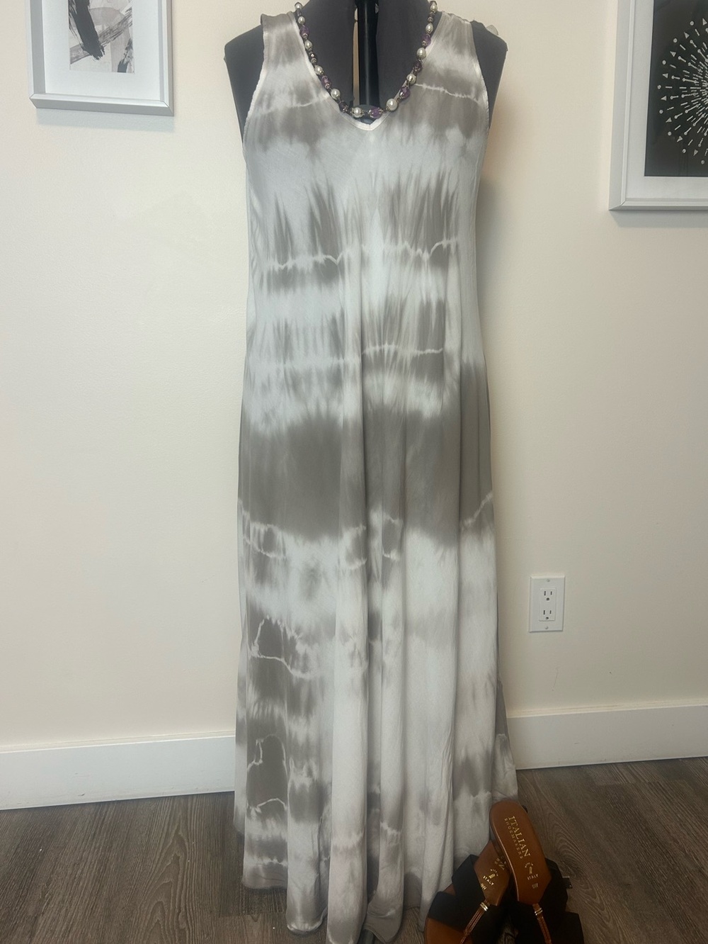 M Made in Italy Grey Tie Dye Maxi Dress Soft Flowy Boho Lagenlook